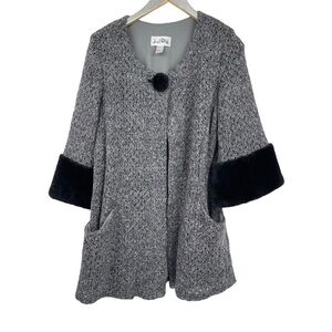 Joseph Ribkoff Size 10 Retro long Sweater Jacket fur trim black gray pockets